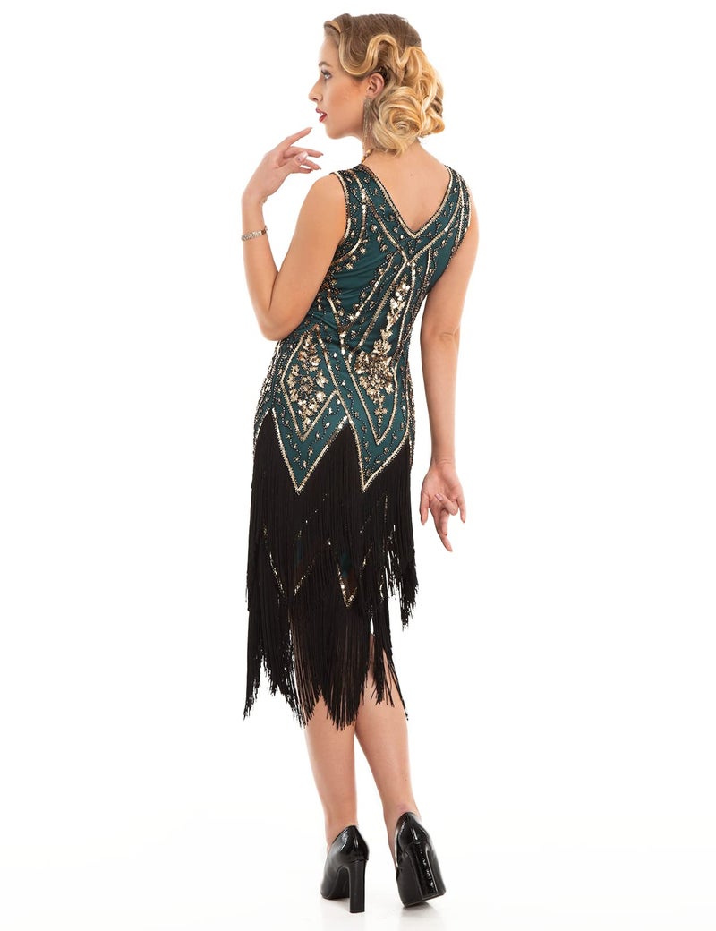 PrettyGuide Women's Roaring 20s Dress Vintage Swing Fringed Flapper Dress with 20s Accessories Set Gold Malachite Green S - Image 4